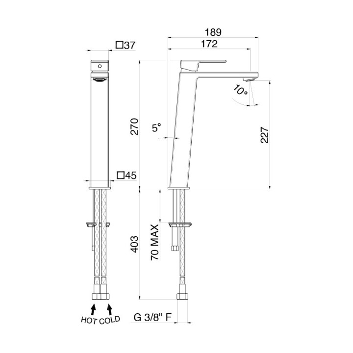 Bateria umywalkowa Vema Lys, stojąca, wysokość 160mm, bez korka, chrom