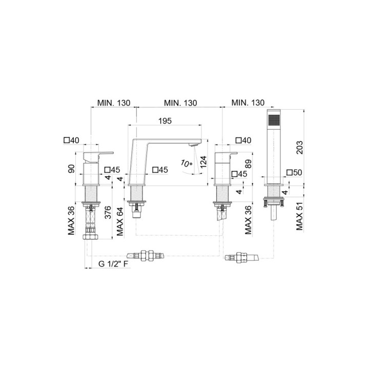Bateria wannowa Vema Lys, natynkowa, wylewka 188mm, zestaw natryskowy, chrom