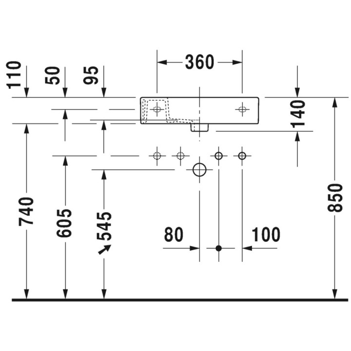 Umywalka meblowa mała Duravit Vero Air, 50x25cm, otwór na baterię po prawej stronie, bez przelewu, biała