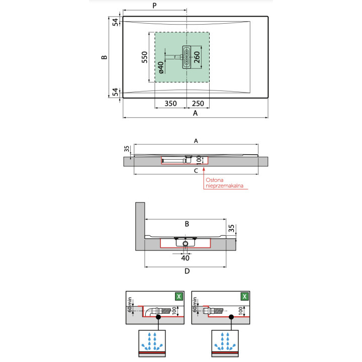 Brodzik prostokątny Novellini Custom Touch, 100x80cm, montaż na posadzce, wysokość 3,5cm, akryl, biały mat