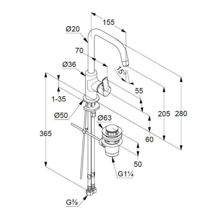 Bateria umywalkowa Klufi Pure&Easy, stojąca, wysokość 280mm, sterowanie boczne, zestaw odpływowy, chrom