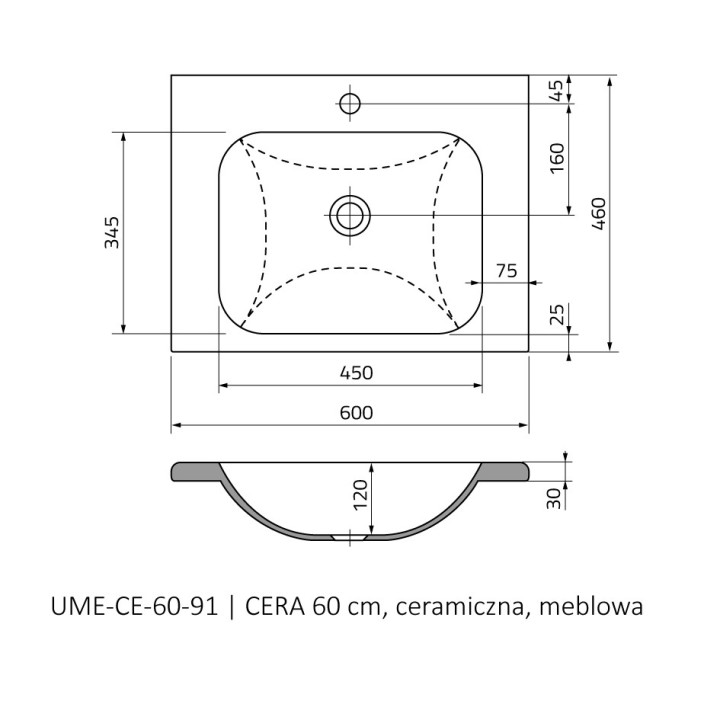Umywalka meblowa Oristo UNI Cera, 50x46cm, bez przelewu, ceramiczna, biała