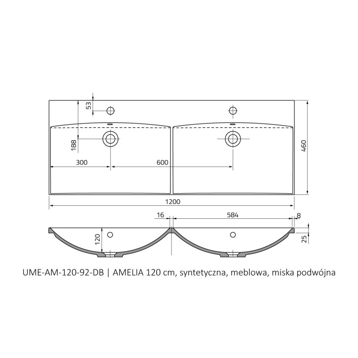 Umywalka meblowa Oristo UNI Amelia, 120x46cm, z przelewem, konglomeratowa, biała