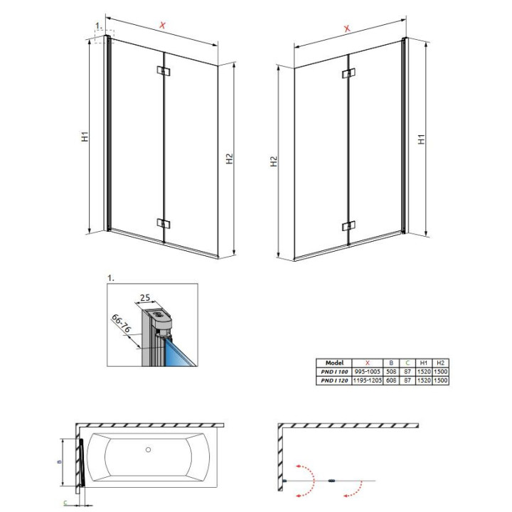 Parawan Radaway Essenza New 2- częściowy 120 cm, szkło przeźroczyste EasyClean- sanitbuy.pl