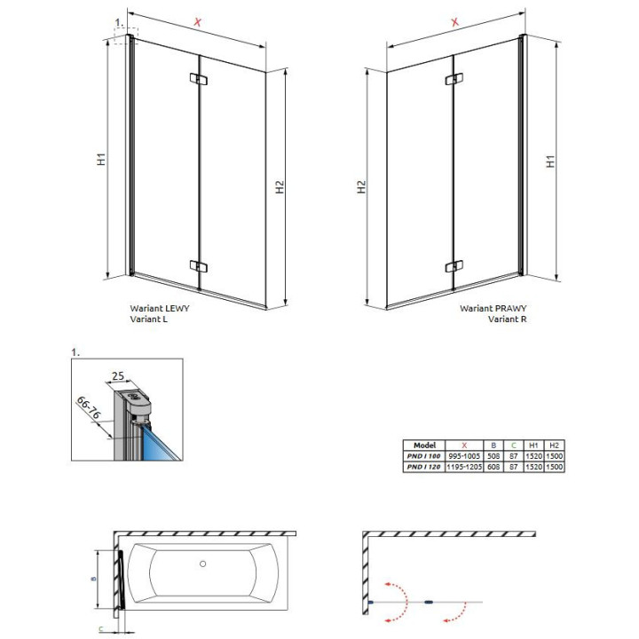 Parawan Radaway Fuenta New 2- częściowy 120 cm, szkło przeźroczyste- sanitbuy.pl