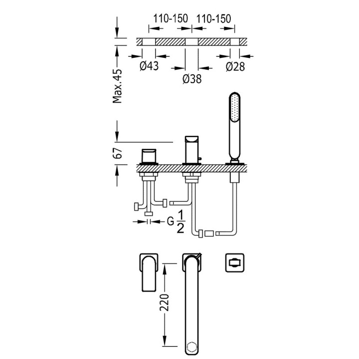 Bateria wannowa 3-otworowa Tres Loft Colors, 2 wyjścia wody, wylewka 220mm, biały mat