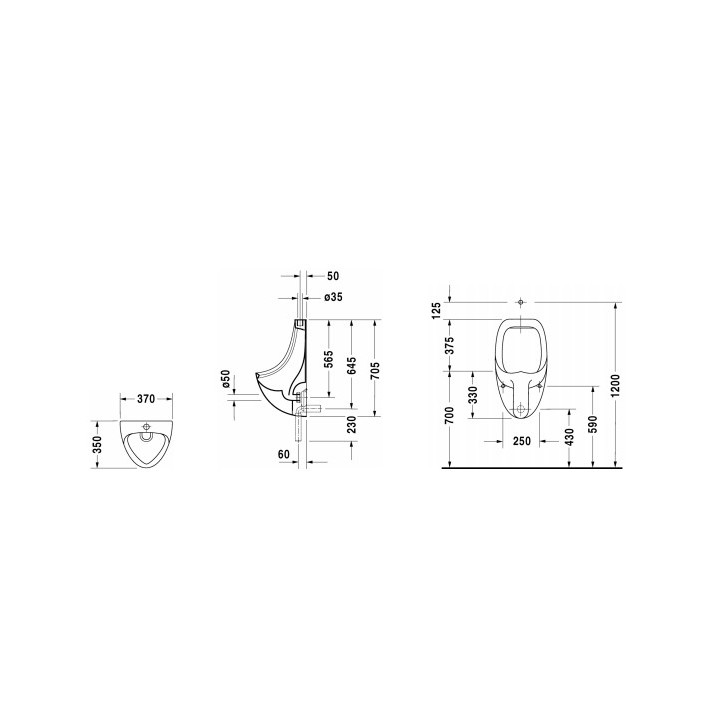 Pisuar Duravit Ben, wiszący, 37x35mm, odpływ pionowy lub poziomy, dopływ z góry, bez muchy, biały