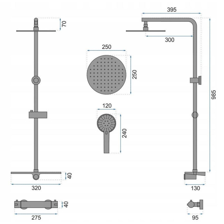 Zestaw natryskowy Rea Roger Black Matt, z deszczownicą i wylewką wannową - czarny mat