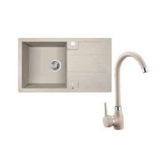 Zlewozmywak granitowy z baterią, 1 komora z ociekaczem, Laveo Barbados - beżowy