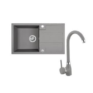 Zlewozmywak granitowy z baterią, 1 komora z ociekaczem, Laveo Barbados - szary