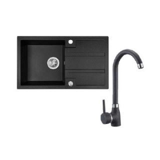 Zlewozmywak granitowy z baterią, 1 komora z ociekaczem, Laveo Barbados - czarny