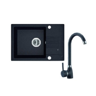 Zlewozmywak granitowy z baterią, 1 komora z półociekaczem, Laveo Celia - czarny