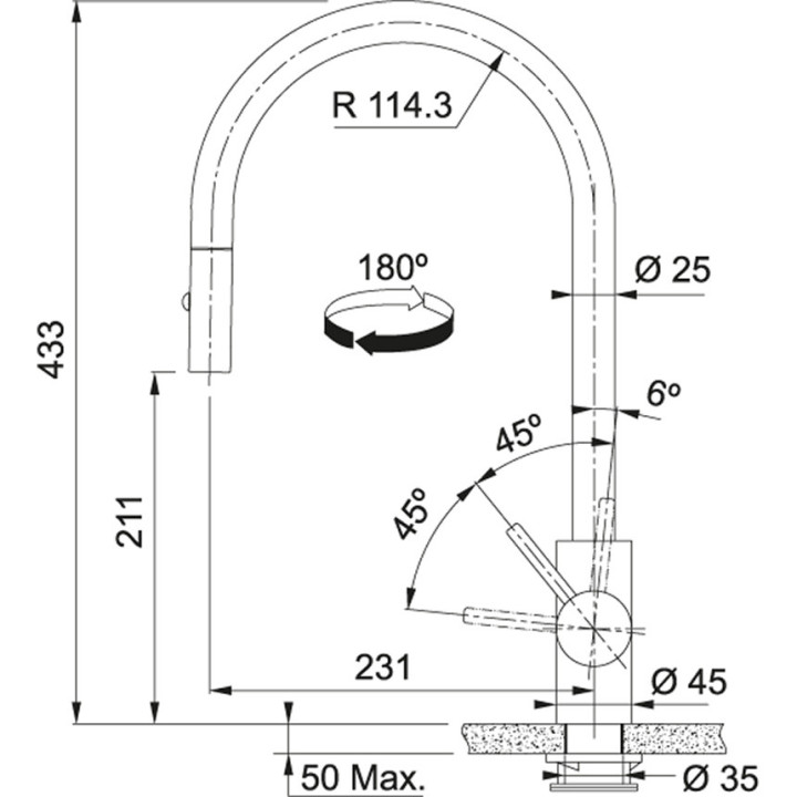Bateria kuchenna Franke Eos Neo, wysokość 433mm, wyciągana wylewka, czarna stal szlachetna