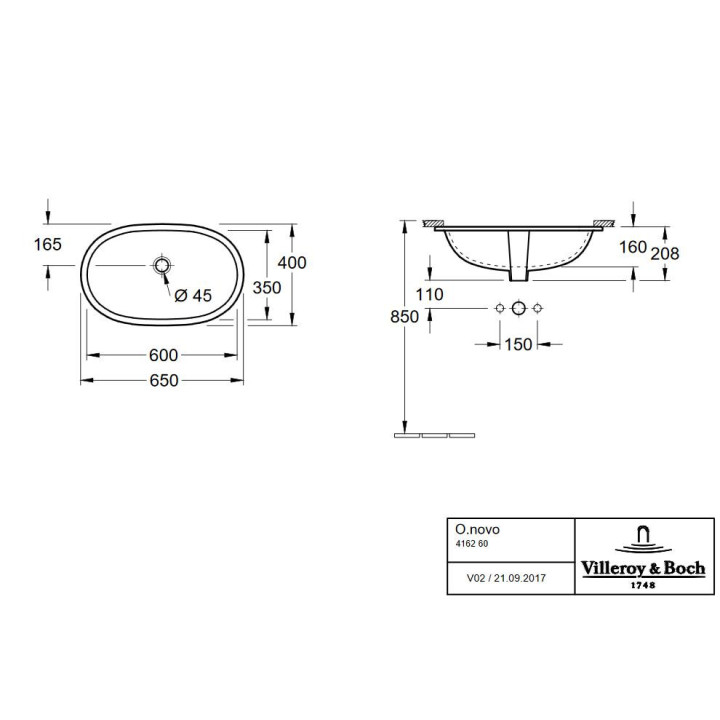 Umywalka Villeroy & Boch O.Novo, podblatowa, Biały Alpin, 600x350 mm, z przelewem- sanitbuy.pl