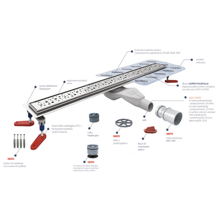 Odpływ liniowy, pełny zestaw,  Wiper New Premium, 1200mm, wzór Ponente, wykończenie poler