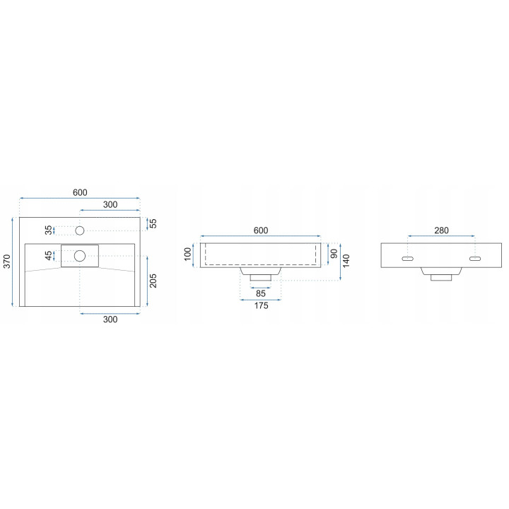Umywalka nablatowa Rea Aura, 605x405mm, z przelewem, otwór na baterię, biała
