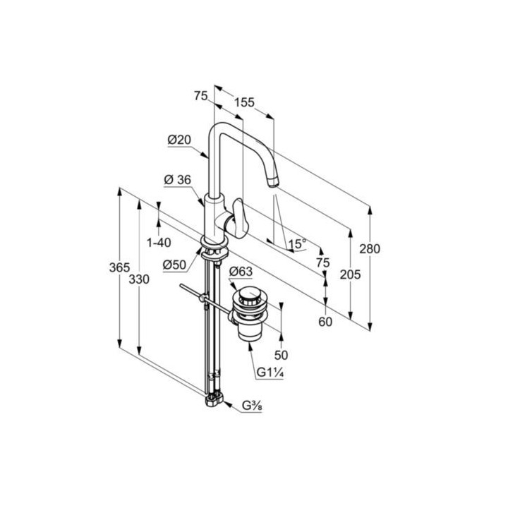 Bateria umywalkowa Kludi Objekta, stojąca, wysokość 280mm, wylewka 155mm, chrom