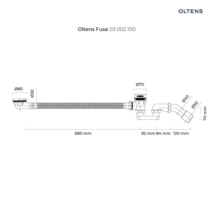 Syfon wannowy Oltens Fusa, kilk-klak, zestaw przelewowo-odpływowy, czarny mat