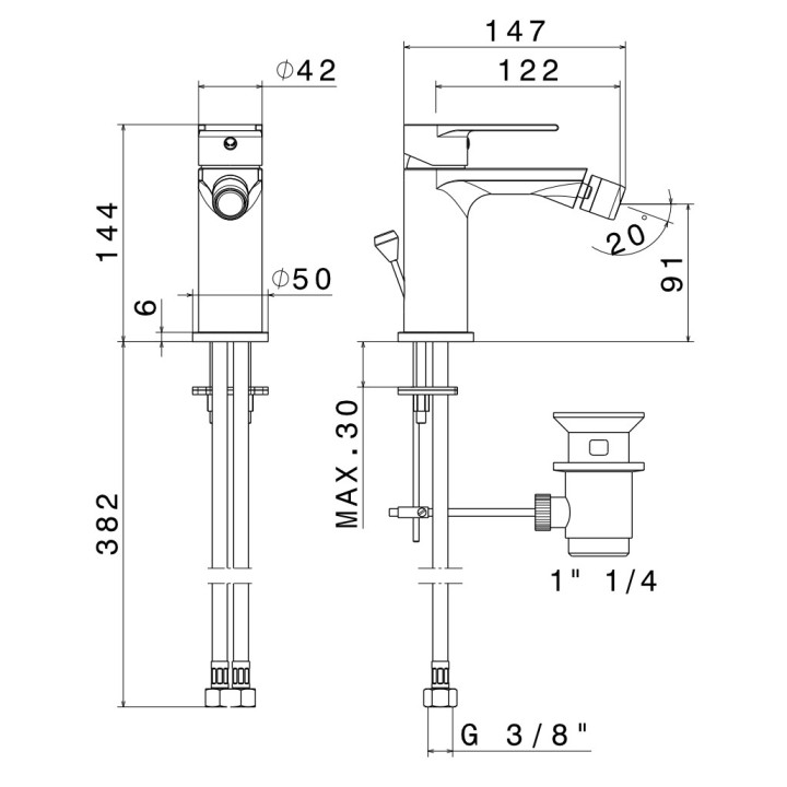 Bateria umywalkowa Vema Timea, stojąca, wysokość 280mm, wylewka 137mm, korek klik-klak, chrom