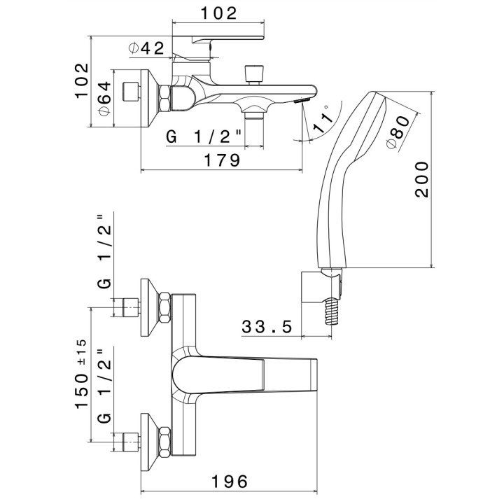 Bateria umywalkowa Vema Timea, podtynkowa, wylewka 179mm, bez korka, chrom