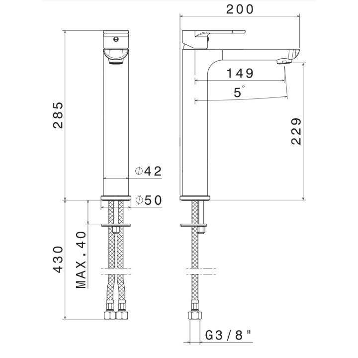Bateria umywalkowa Vema Slate, stojąca, wysokość 157mm, wylewka 110mm, bez korka, chrom
