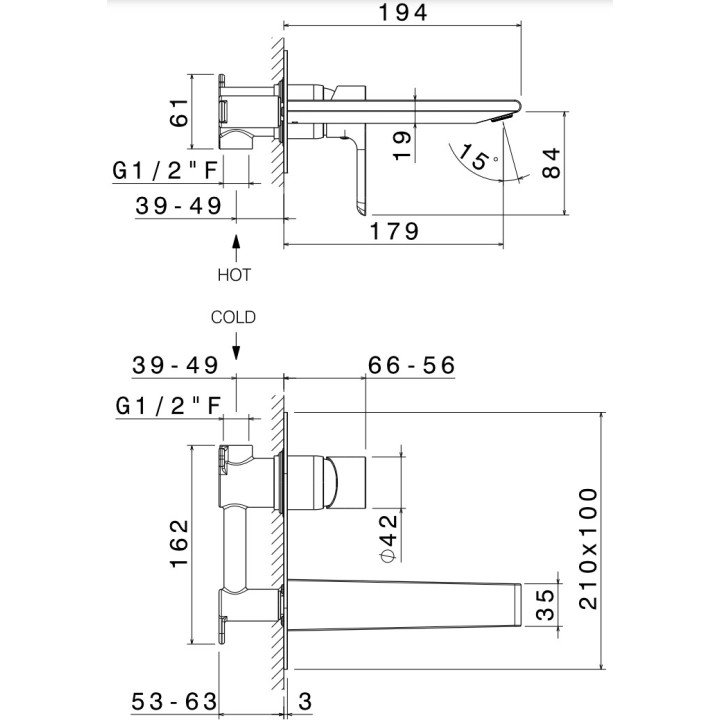 Bateria umywalkowa Vema Timea, podtynkowa, wylewka 179mm, bez korka, chrom