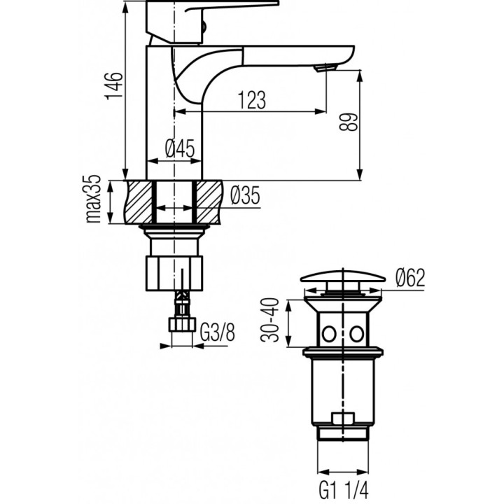 Bateria umywalkowa Valvex Dali, stojąca, wysokość 146mm, wylewka 123mm, korek automatyczny, chrom