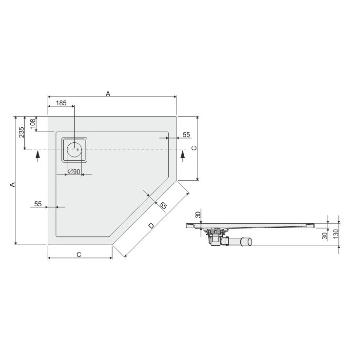 Brodzik pięciokątny Sanplast SpaceLine, 90x90cm, akrylowy, biały