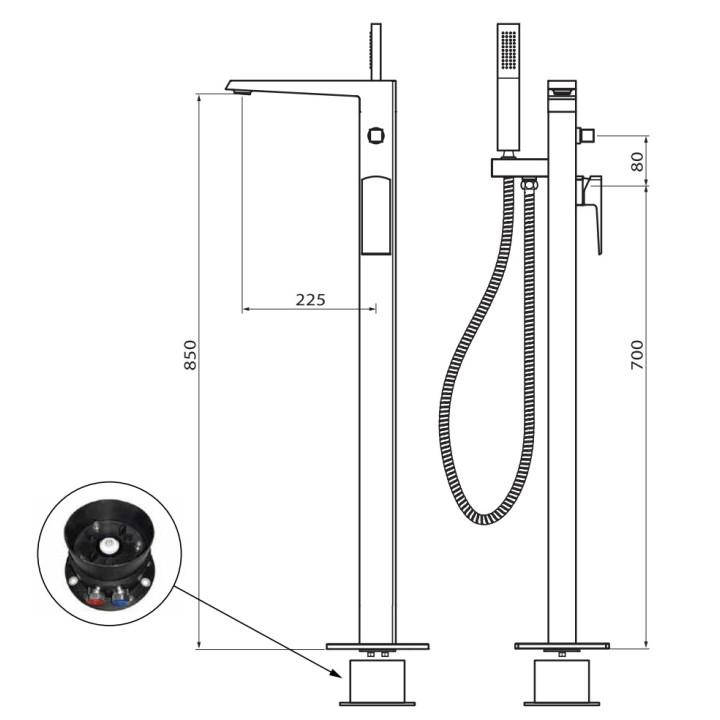 Bateria wannowa wolnostojąca Vedo Sette Nero, 2 wyjścia wody, wysokość 850mm, zestaw natryskowy, czarny mat