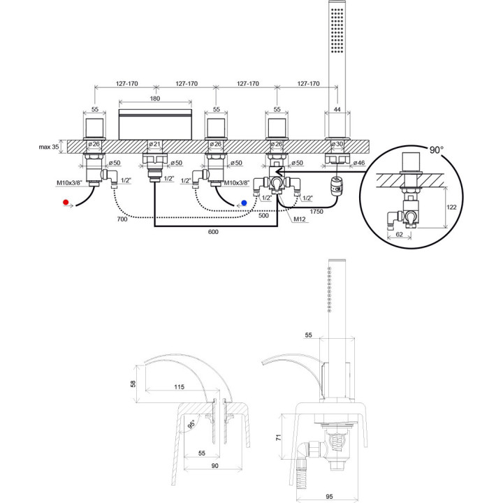 Bateria wannowa stojąca Ravak Wave, 5-otworowa, wylewka kaskadowa, zestaw natryskowy, chrom