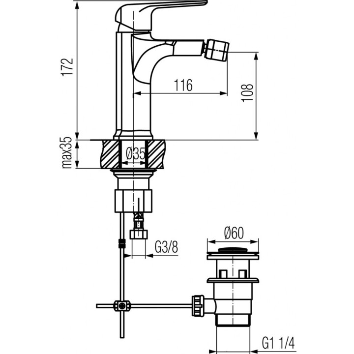Bateria bidetowa Valvex Aurora, stojąca, wysokość 172mm, korek automatyczny, chrom