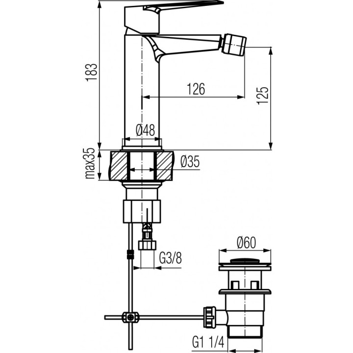 Bateria bidetowa Valvex Aurora, stojąca, wysokość 172mm, korek automatyczny, chrom