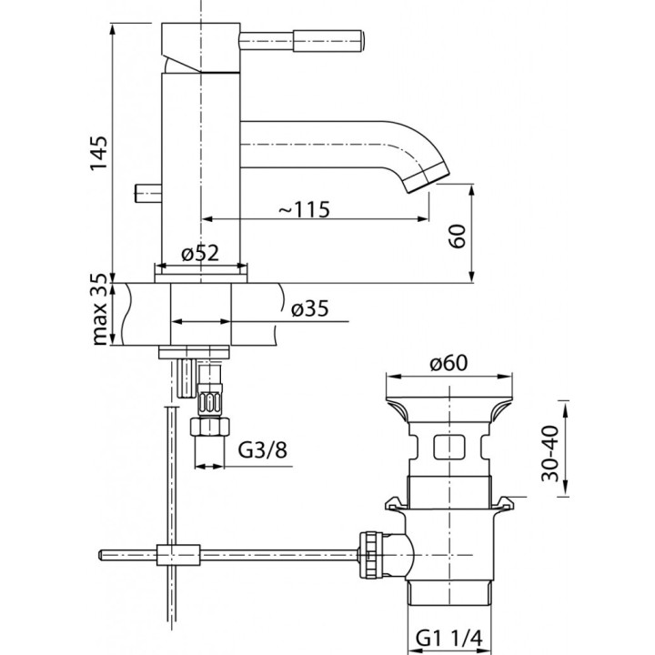 Bateria umywalkowa Valvex Dali Black, stojąca, wysokość 146mm, wylewka 123mm, korek automatyczny, czarny