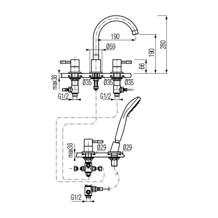 Bateria umywalkowa 3-otworowa Valvex Vegane, stojąca, wysokość 265mm, wylewka 162mm, korek automatyczny, chrom