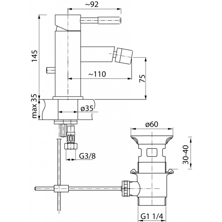 Bateria bidetowa Valvex Dali, stojąca, wysokość 146mm, korek automatyczny, chrom