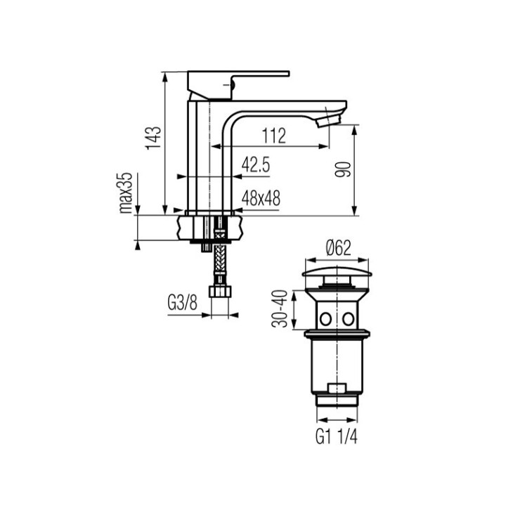 Bateria umywalkowa Valvex Vegane, stojąca, wysokość 145mm, wylewka 115mm, korek automatyczny, chrom