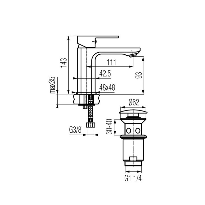 Bateria umywalkowa Valvex Loft, stojąca, wysokość 143mm, wylewka 112mm, korek click-clack, chrom