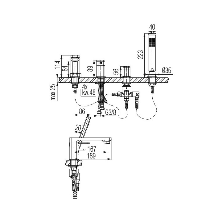 Bateria wannowa 5-otworowa Valvex Vegane, stojąca, wysokość 280mm, wylewka 190mm, zestaw natryskowy, chrom
