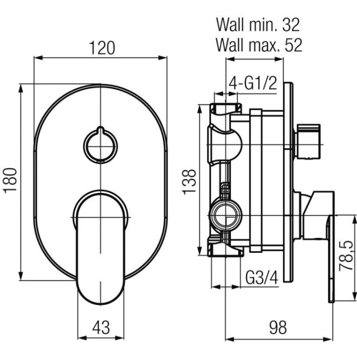 Bateria wannowo-natryskowa Valvex Loft, podtynkowa, 3-funkcyjna, z przełącznikiem, chrom