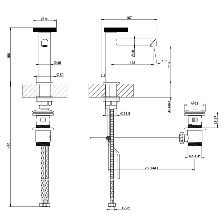 Bateria umywalkowa Gessi Anello, stojąca, wysokość 168mm, korek automatyczny, chrom