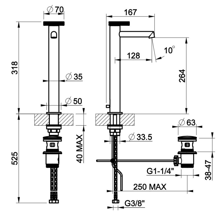 Bateria umywalkowa Gessi Anello, stojąca, wysokość 168mm, korek automatyczny, chrom