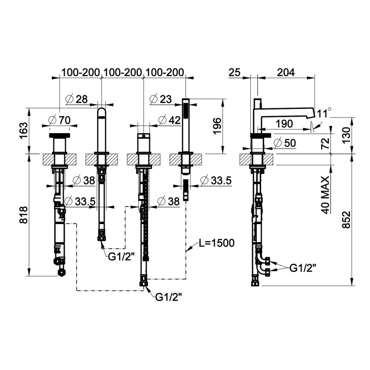 Bateria bidetowa Gessi Anello, stojąca, wysokość 140mm, korek automatyczny, chrom