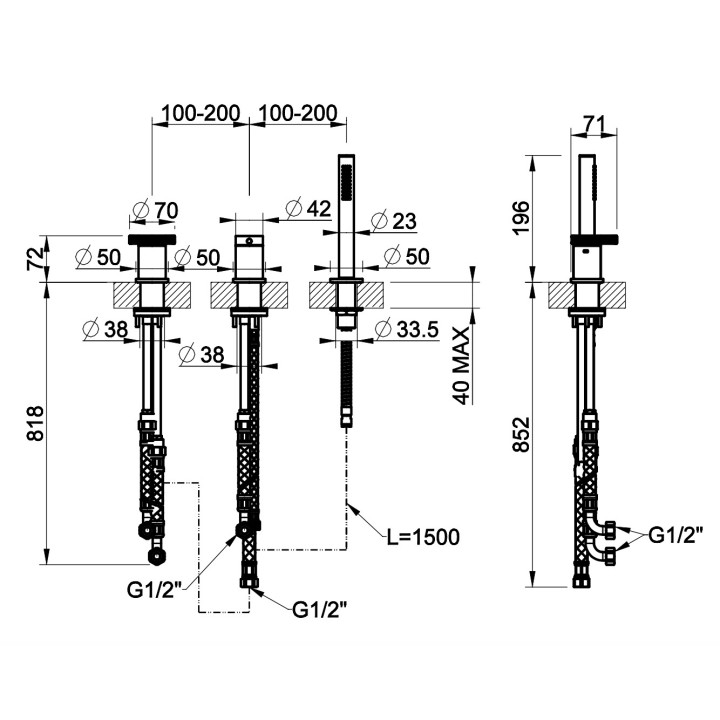 Bateria wannowa 4-otworowa Gessi Anello, stojąca, 2 wyjścia wody, zestaw natryskowy, chrom