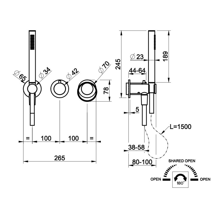 Bateria natryskowa Gessi Anello, podtynkowa, 2 wyjścia wody, zestaw natryskowy, chrom
