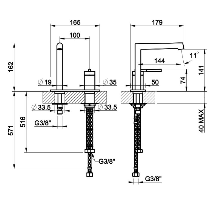 Bateria umywalkowa Gessi Ingranaggio, stojąca, wysokość 326mm, wylewka 174mm, bez korka, chrom