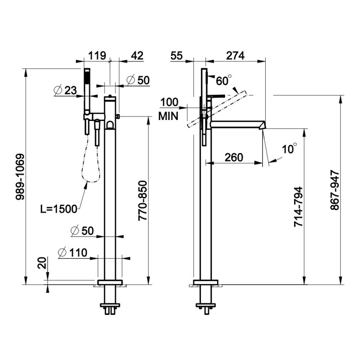 Bateria wannowa wolnostojąca Gessi Anello, 2 wyjścia wody, zestaw natryskowy, chrom