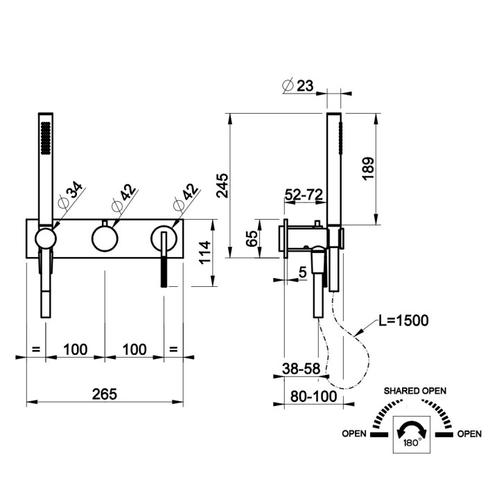 Bateria natryskowa Gessi Anello, podtynkowa, 2 wyjścia wody, zestaw natryskowy, chrom