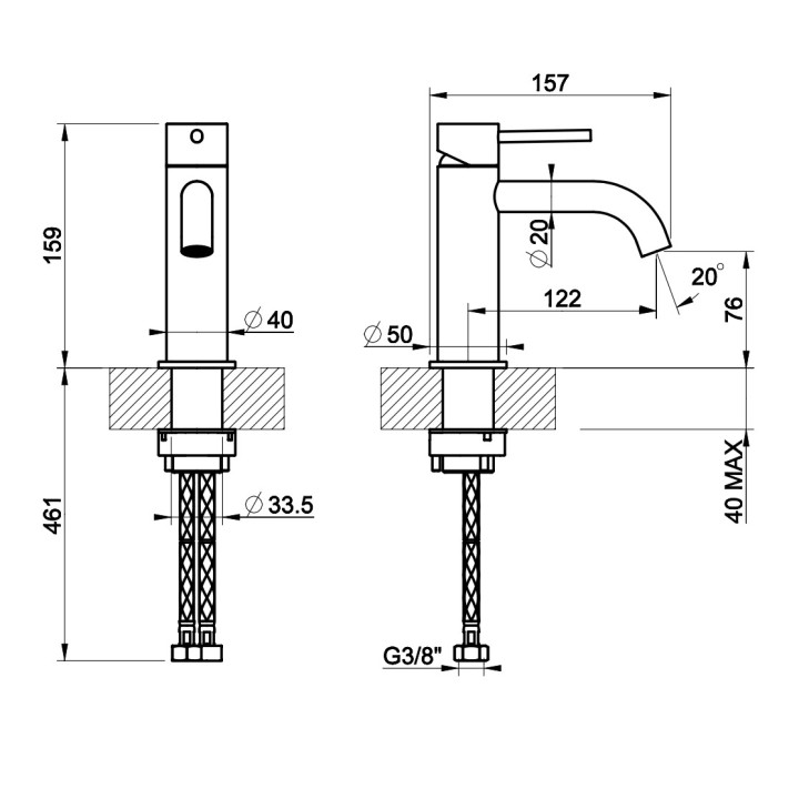 Bateria umywalkowa Gessi Flessa, stojąca, wysokość 159mm, korek automatyczny, stal szczotkowana