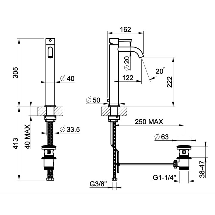 Bateria umywalkowa Gessi Flessa, stojąca, wysokość 159mm, korek automatyczny, stal szczotkowana
