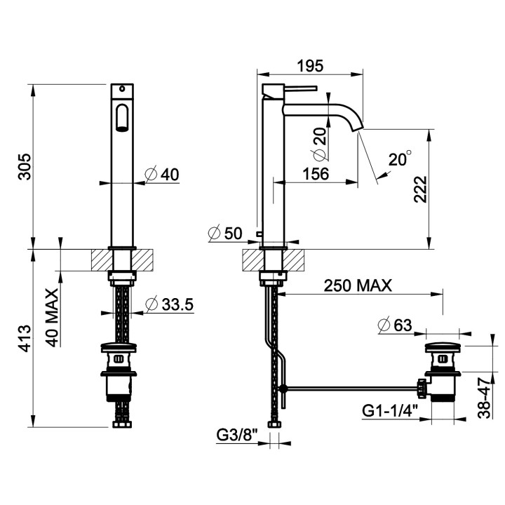 Bateria umywalkowa Gessi Flessa, stojąca, wysokość 305mm, krótka wylewka, korek automatyczny, stal szczotkowana